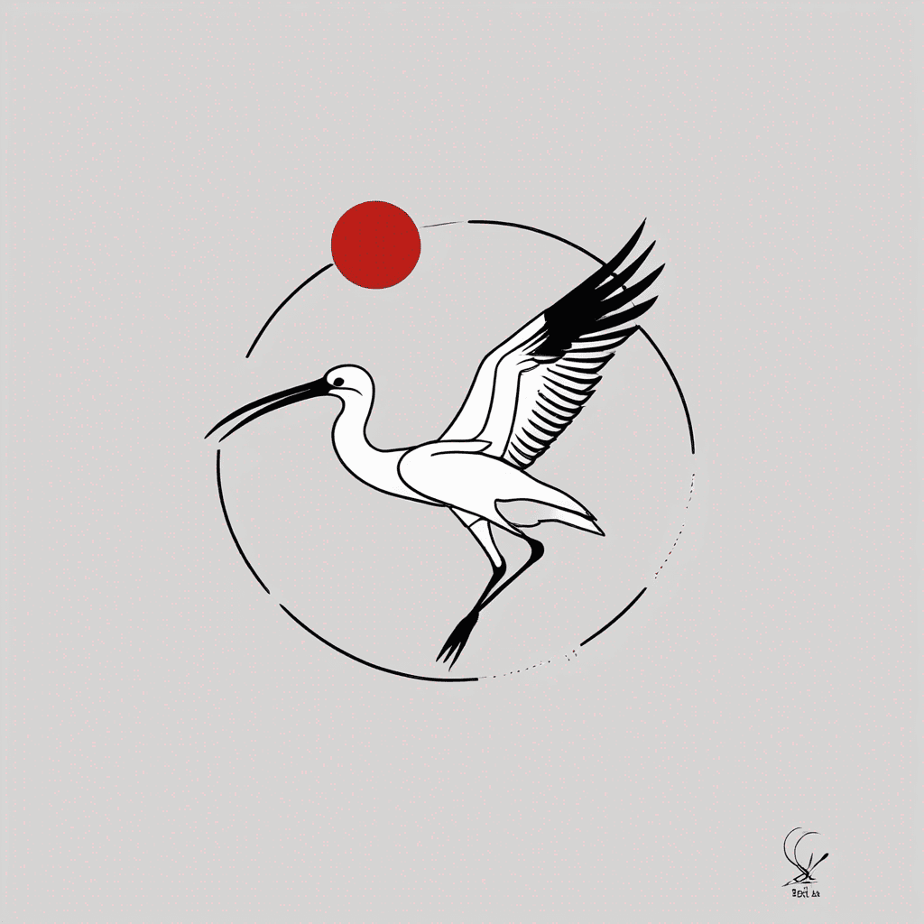 Sacred ibis. White, black and red. With black clouds in the background.
