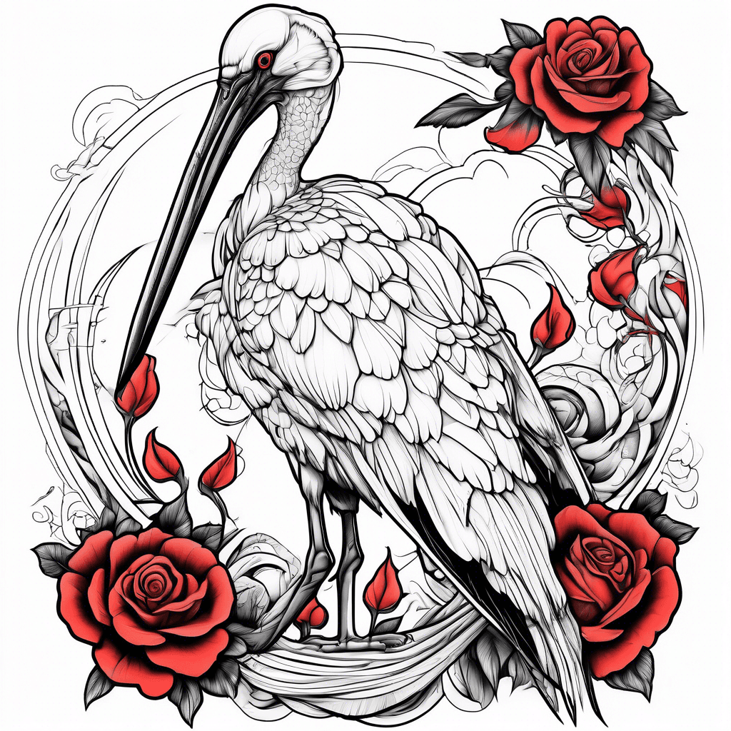 Sacred ibis. White, black and red. With black clouds in the background.
