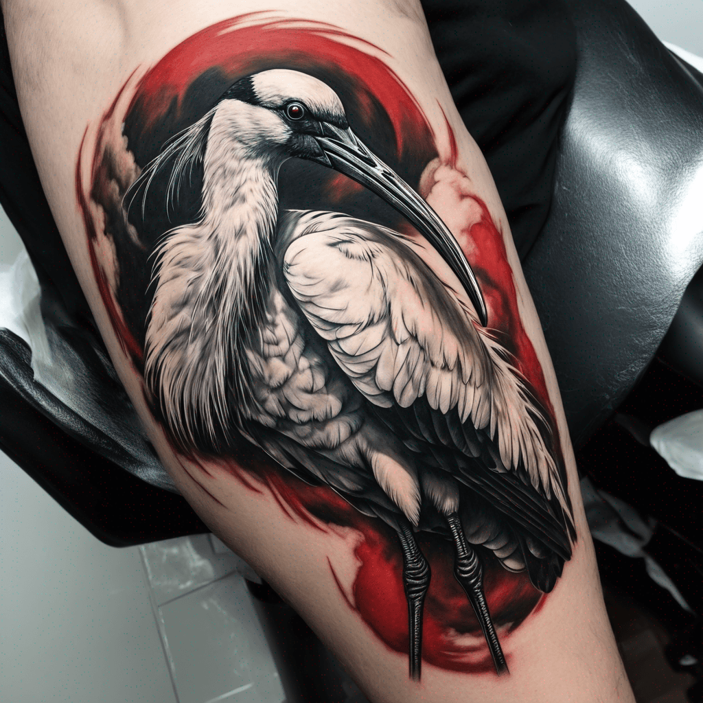 Sacred ibis. White, black and red. With black clouds in the background.