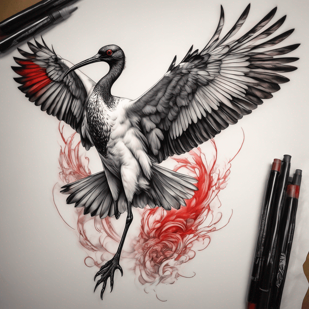 Sacred ibis in dynamic pose, wings fully spread, intricate black and white feathers accented with vibrant red highlights, detailed and vivid design.