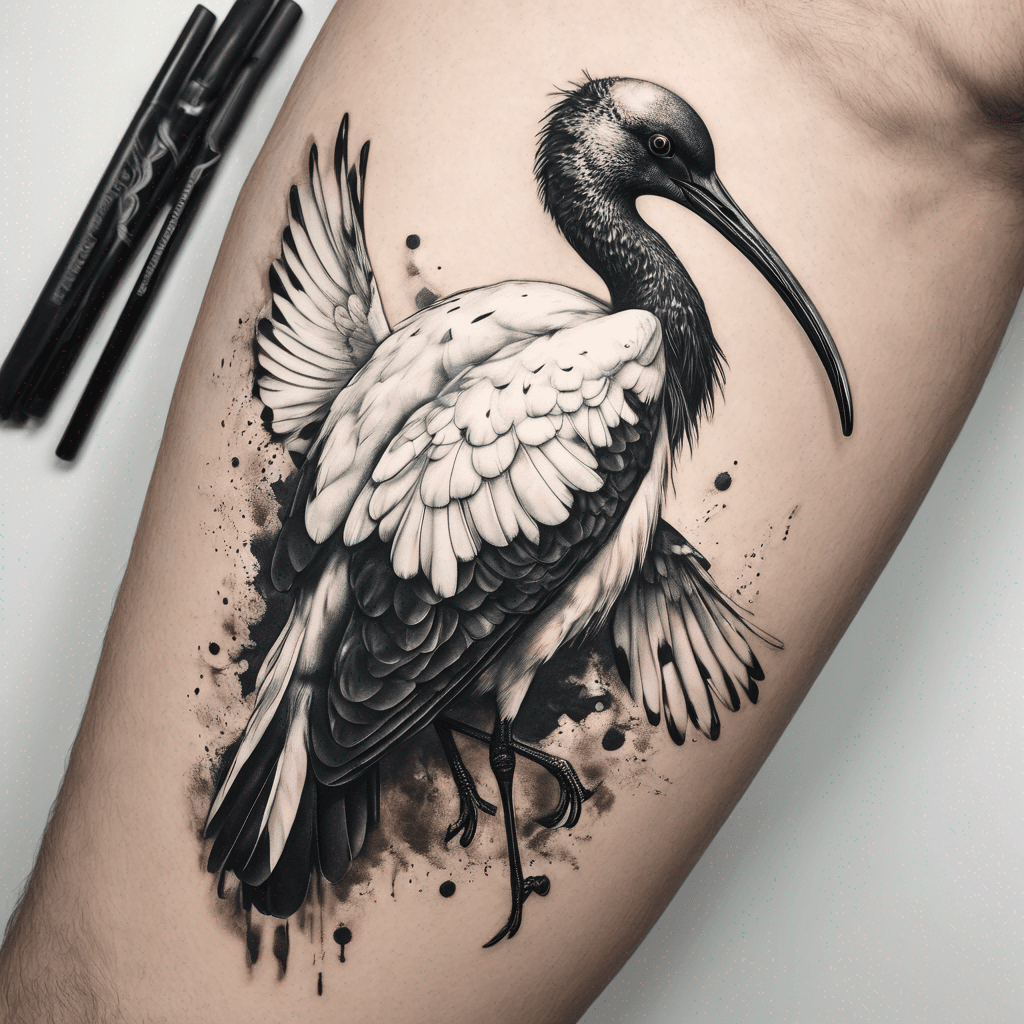 Sacred ibis with its wings elegantly spread, featuring a blend of white, black, and vibrant red hues, adorned with random black dots throughout.