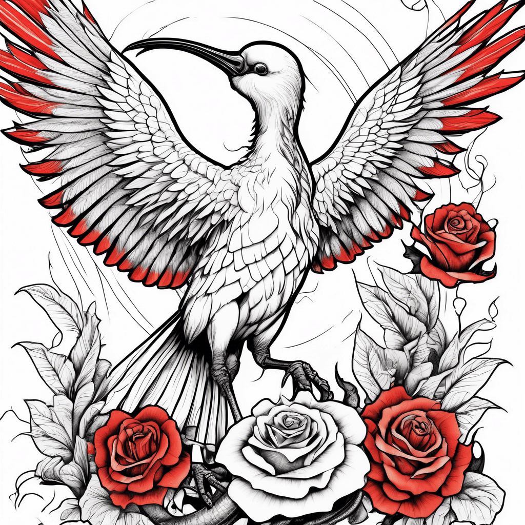 Sacred ibis, wings spread,with a snake, white, black and red
