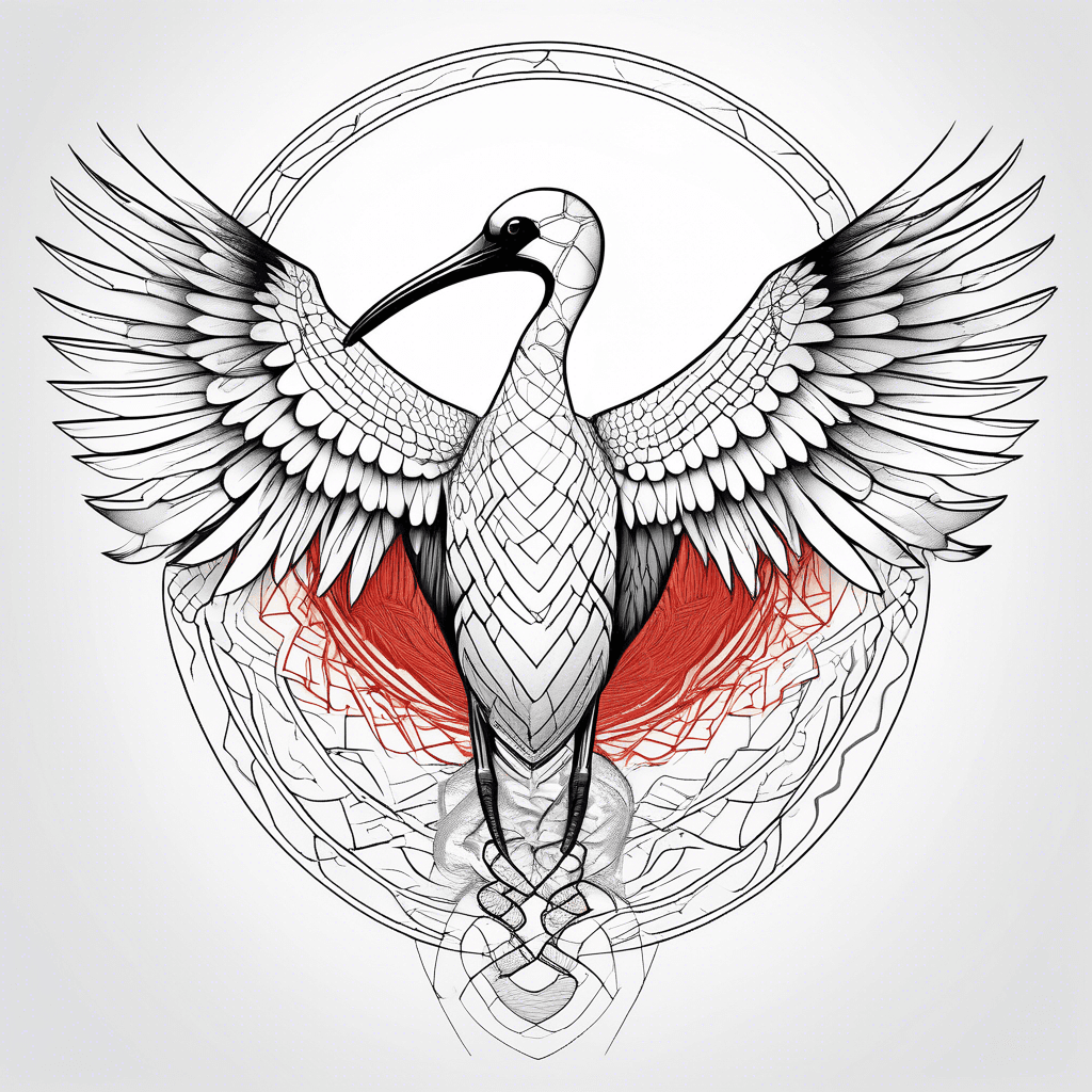Sacred ibis, wings spread,with a snake, white, black and red