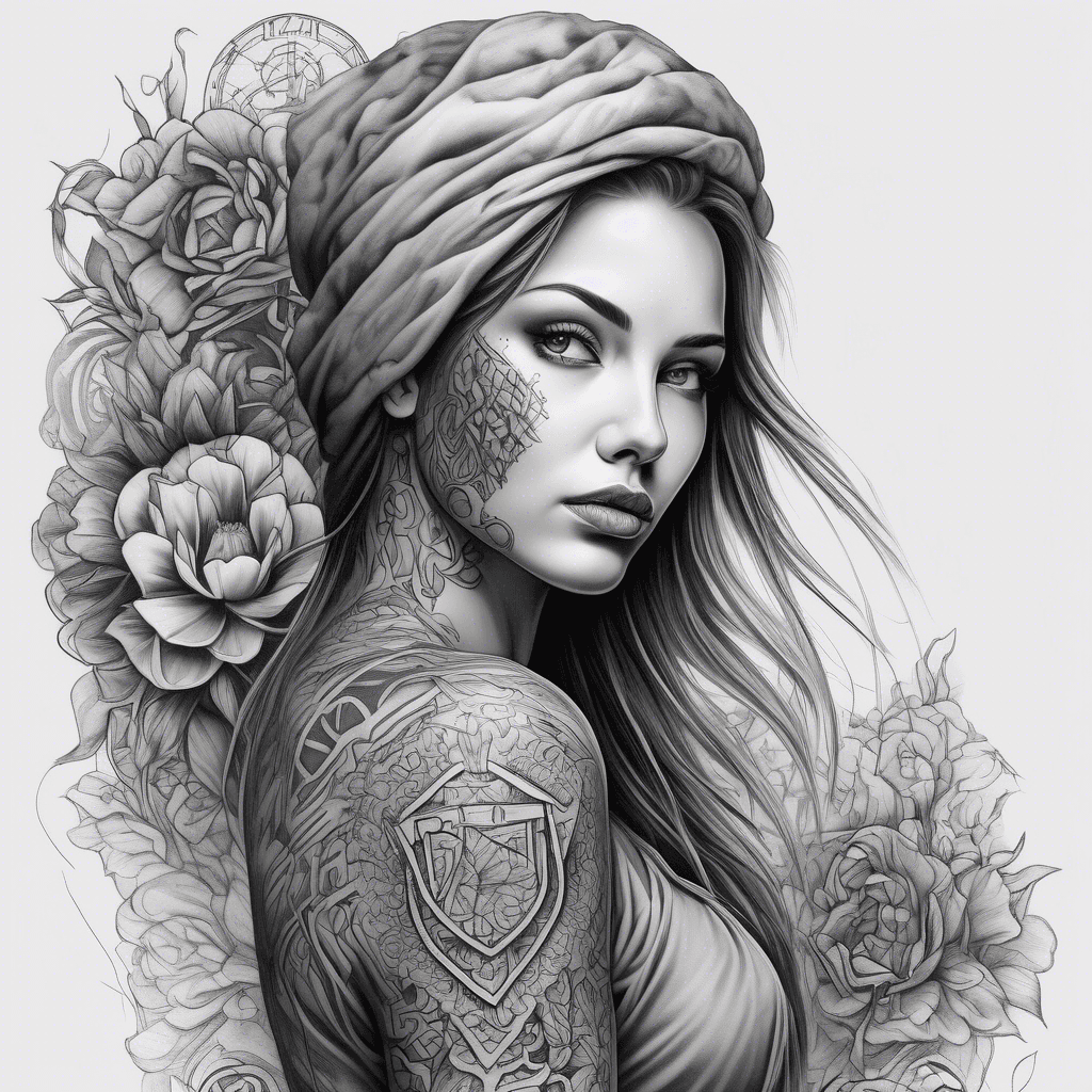 Full sleeve tattoo featuring the Ukrainian Symbol as the central motif