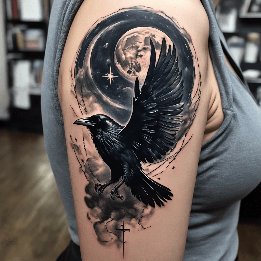 book, raven, ballet dancer, stars, moon, cross, ocean
