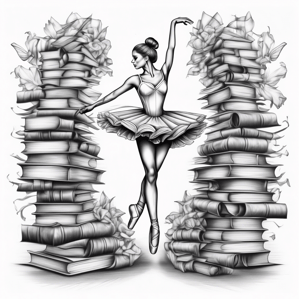 A ballerina dancing through a lot of small books