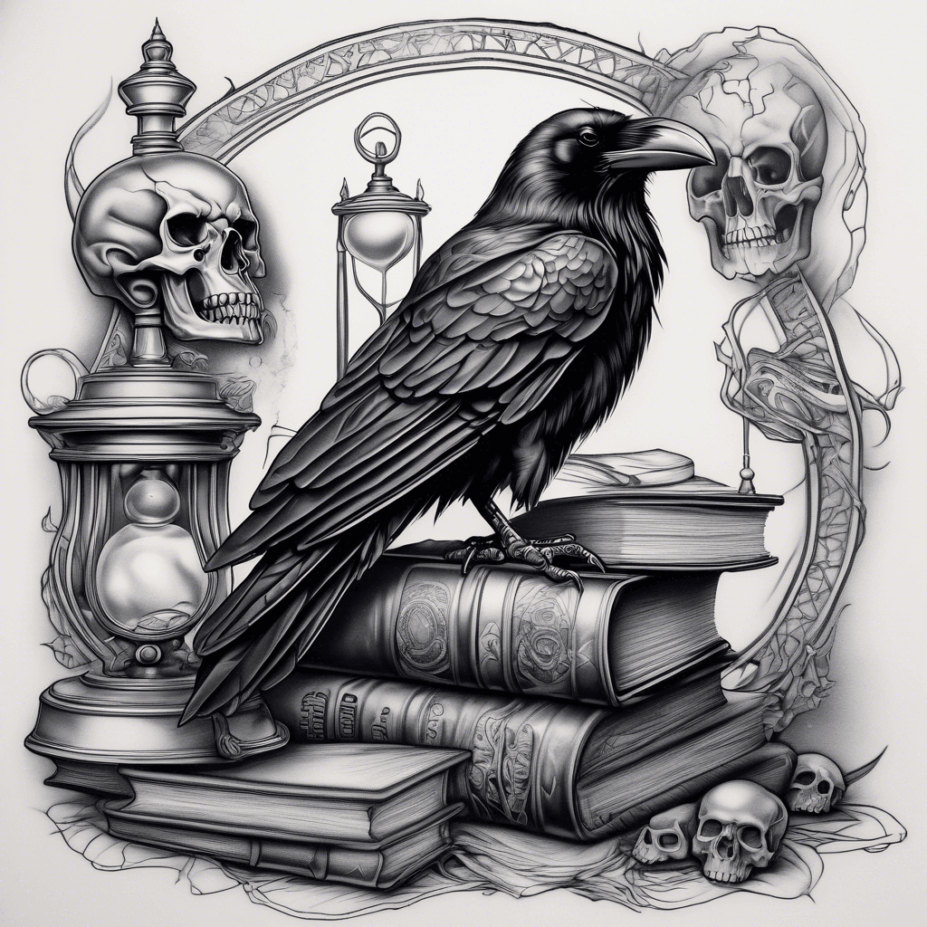 Raven sitting on a stack of books next to a skull and an hourglass