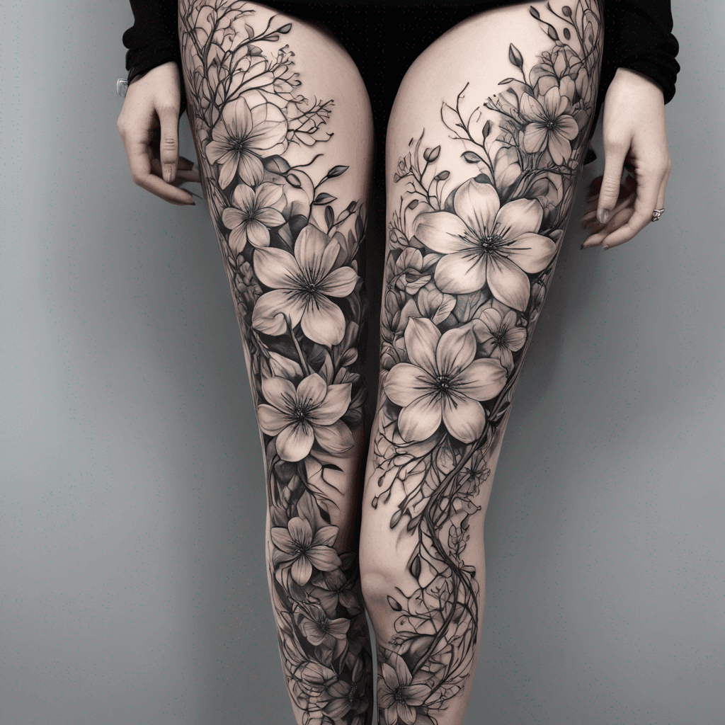 An intricate full leg sleeve featuring delicate line art flowers, intertwining vines, and elegant geometric shapes, blending nature with minimalism.