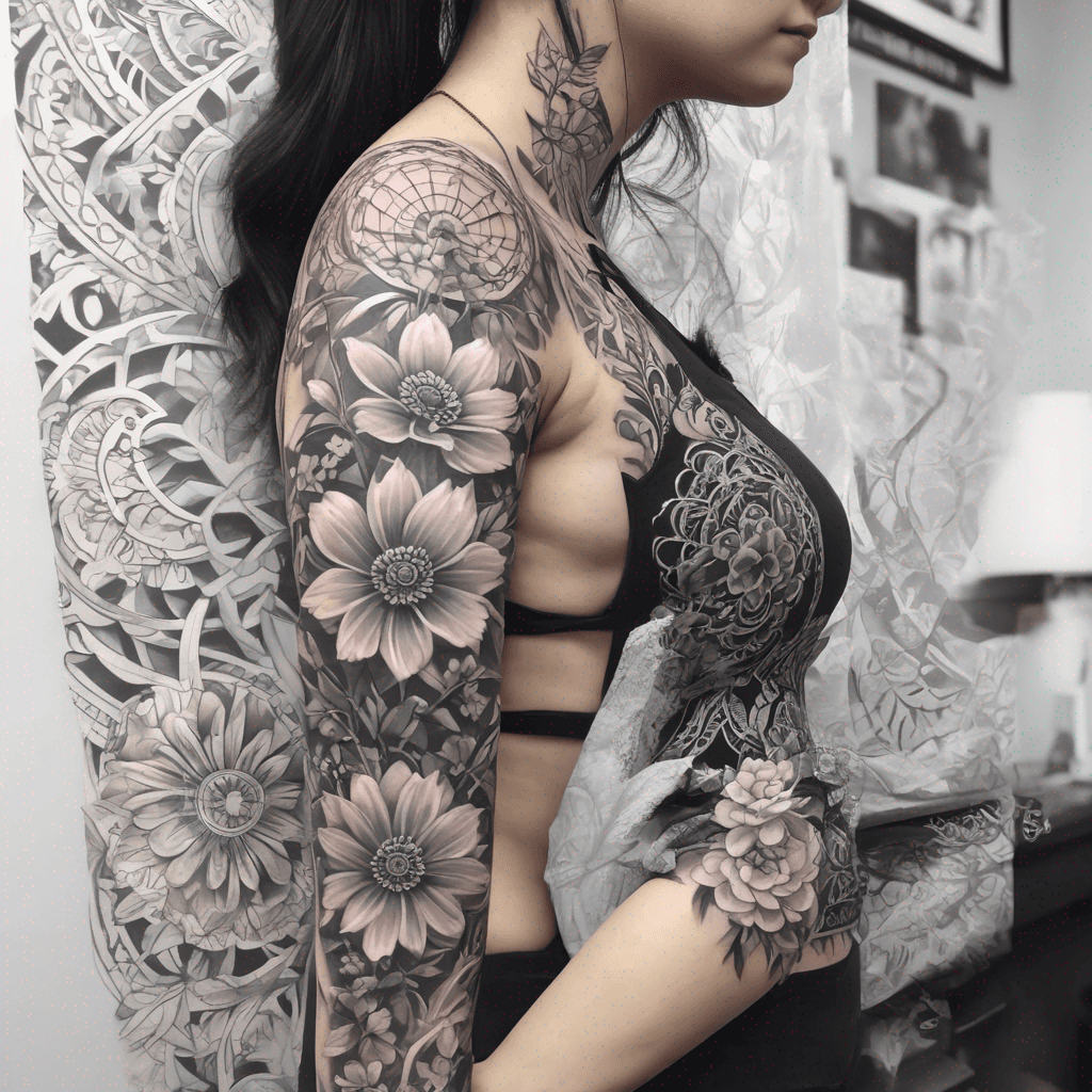 Delicate full leg sleeve tattoo featuring intricate line art mandalas, blooming flowers, intertwining vines, and geometric shapes in harmonious flow.