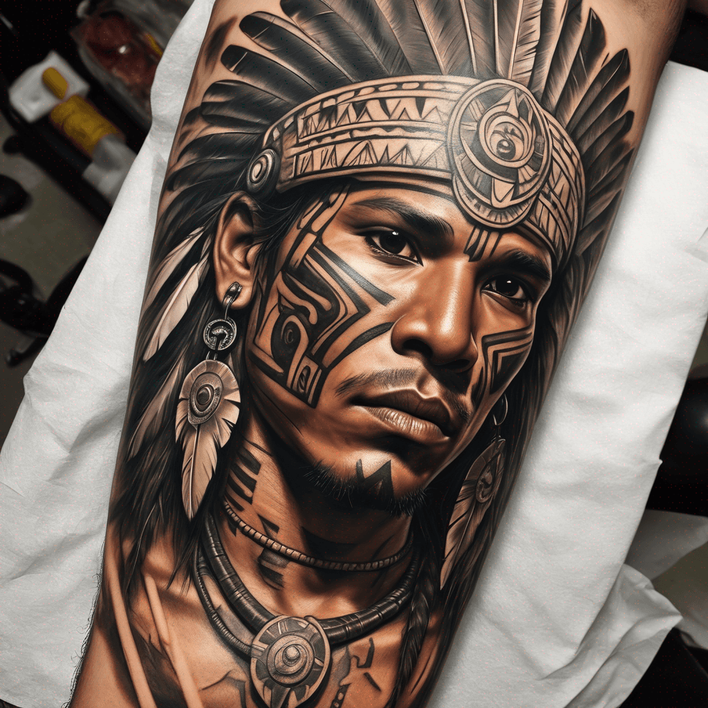 Puerto Rico Taino Indian warrior tattoo with a necklace pandant of toa, Thespesia grandiflora, Trigonolito and sun god in the tattoo
