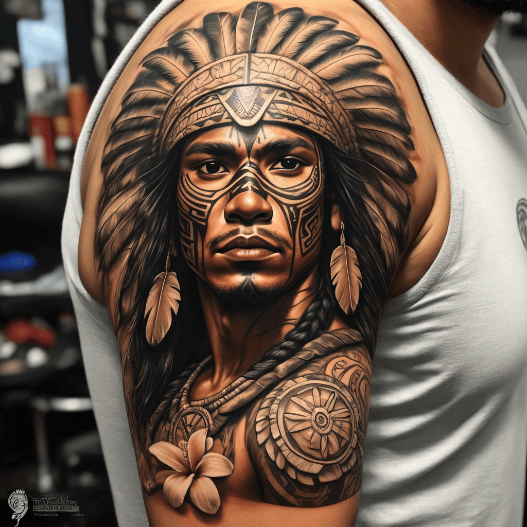 sleeve Puerto Rican Taino Indian warrior with a puerto rico theme background add coqui taino and Thespesia grandiflora , sun god and wording of Carolina
