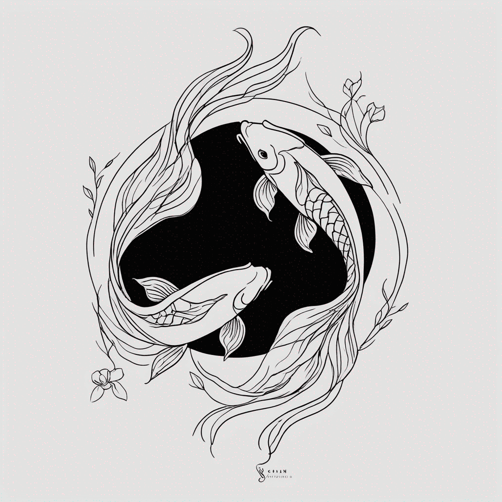 Two elegant koi fish in a minimalist fine line tattoo style, facing each other in a circular yin-yang motion. Delicate curves and flowy tails, slightly abstract and graceful. No background, clean and simple look with artistic soft detailing in the fins. Symbolic and feminine design, perfect for a matching sister tattoo