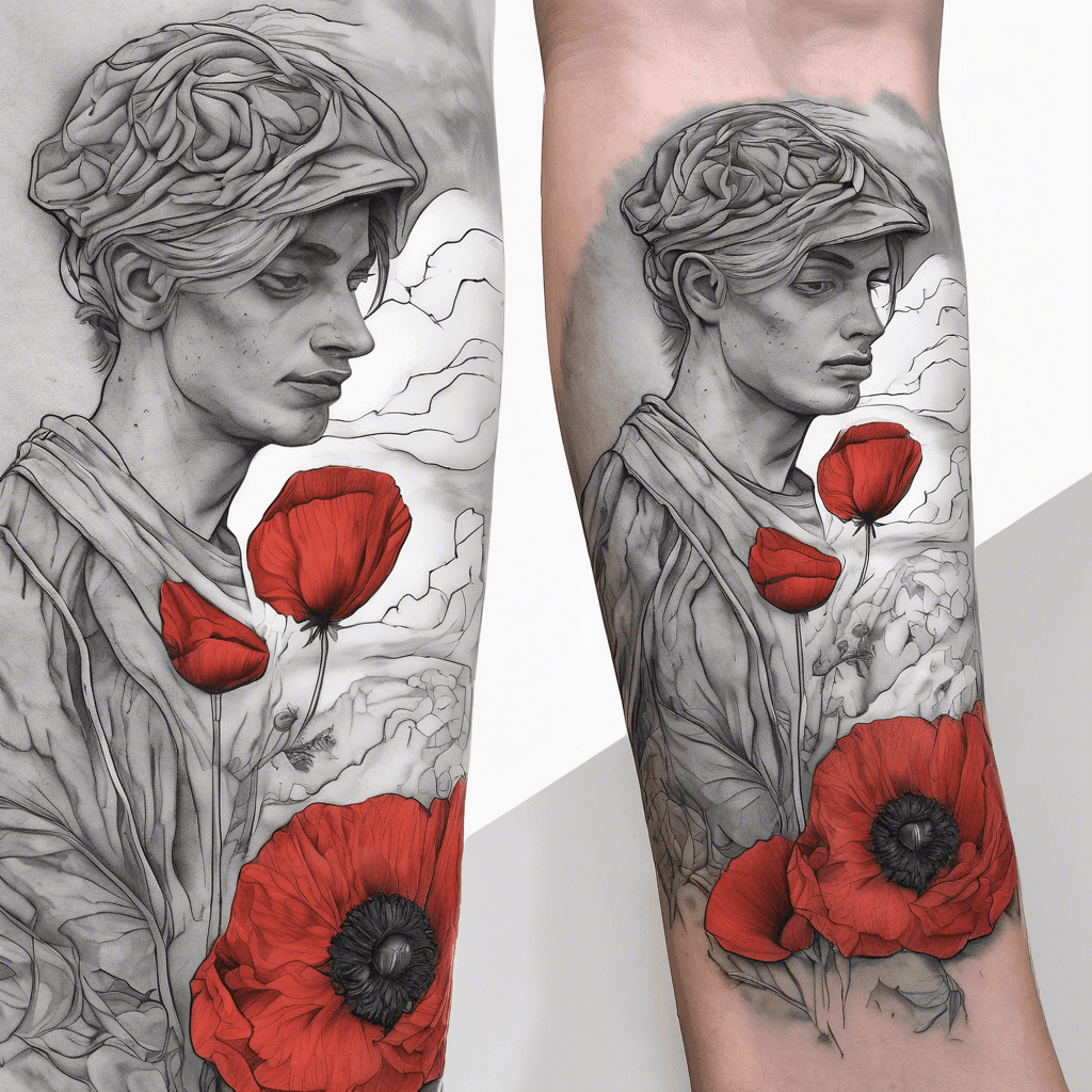 "Full left arm sleeve tattoo, black and white with vibrant red poppies (32 total). Maximus walking through fields, Stoic philosophers subtly integrated, with quotes: 'Memento Mori,' 'Memento Vivere,' 'Amor Fati,' 'Per aspera ad astra,' 'Fortes fortuna juvat.' Realistic style, reflective and resilient atmosphere."