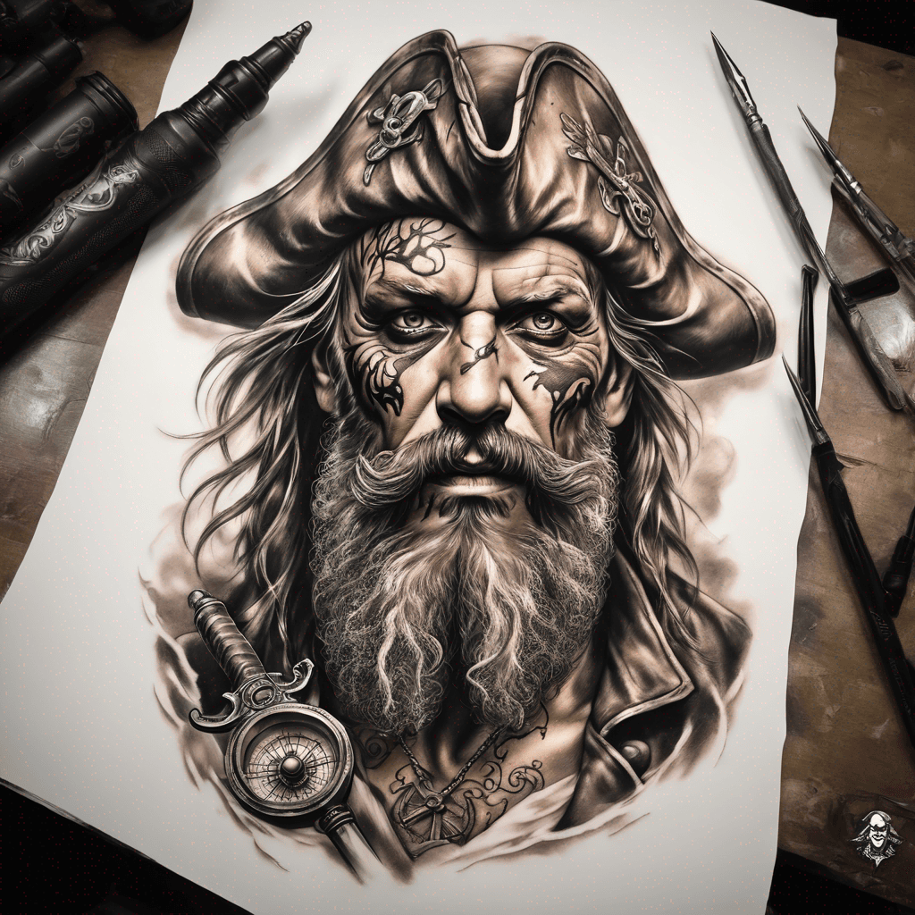 Old pirate with large beard. Compass and sword