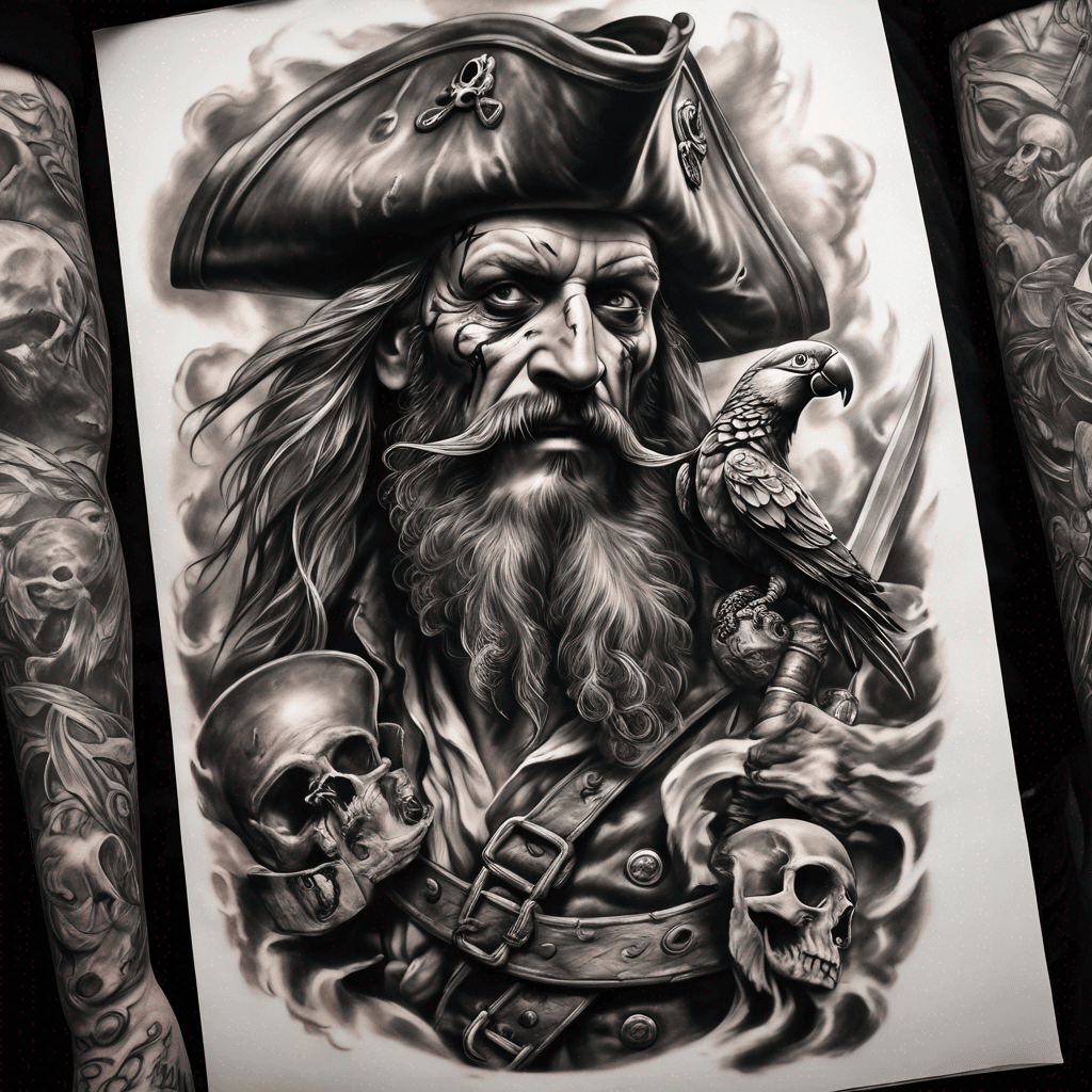 Old pirate with a parrot, cannon, sword, treasure, ship, skulls kraken