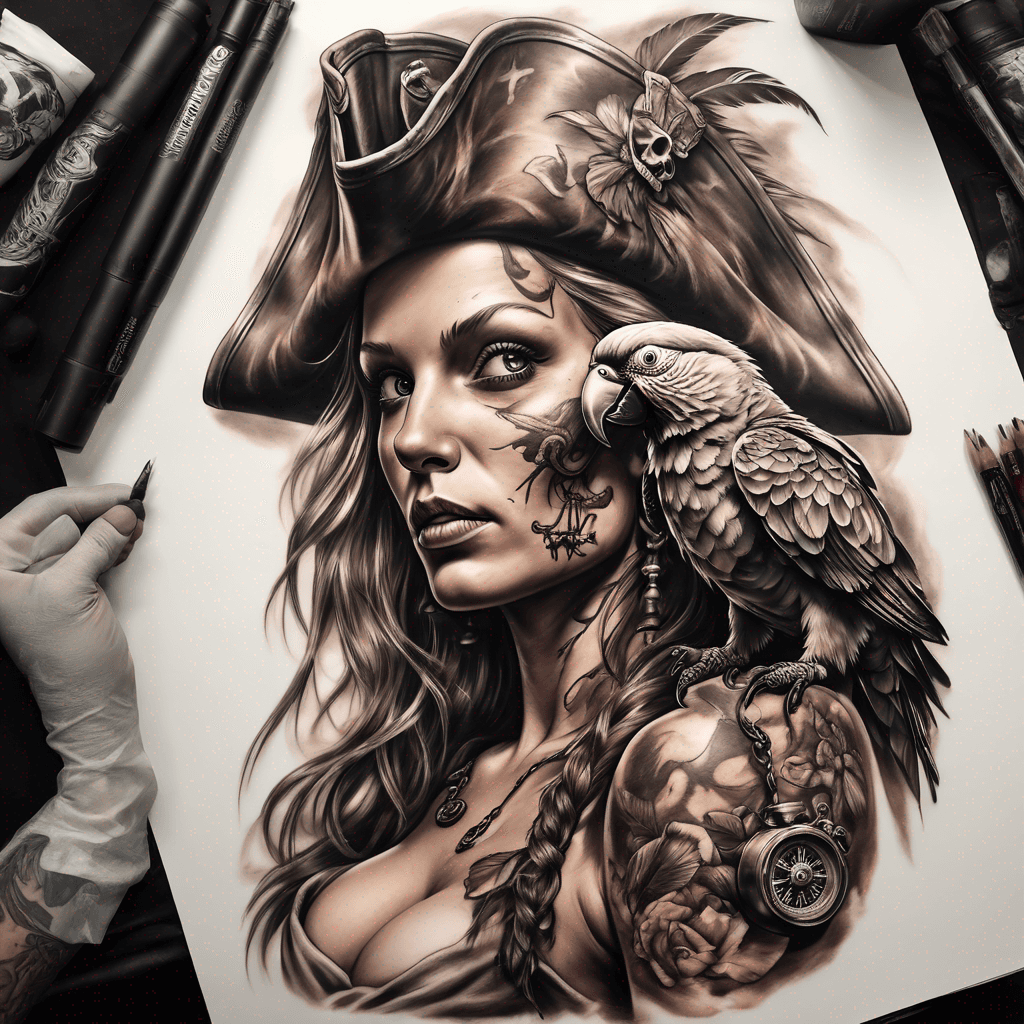 Old pirate with cannon, parrot, compass naked woman