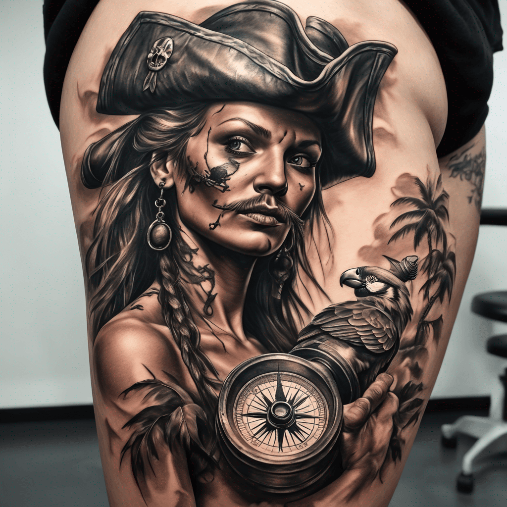 Old pirate with cannon, parrot, compass naked woman