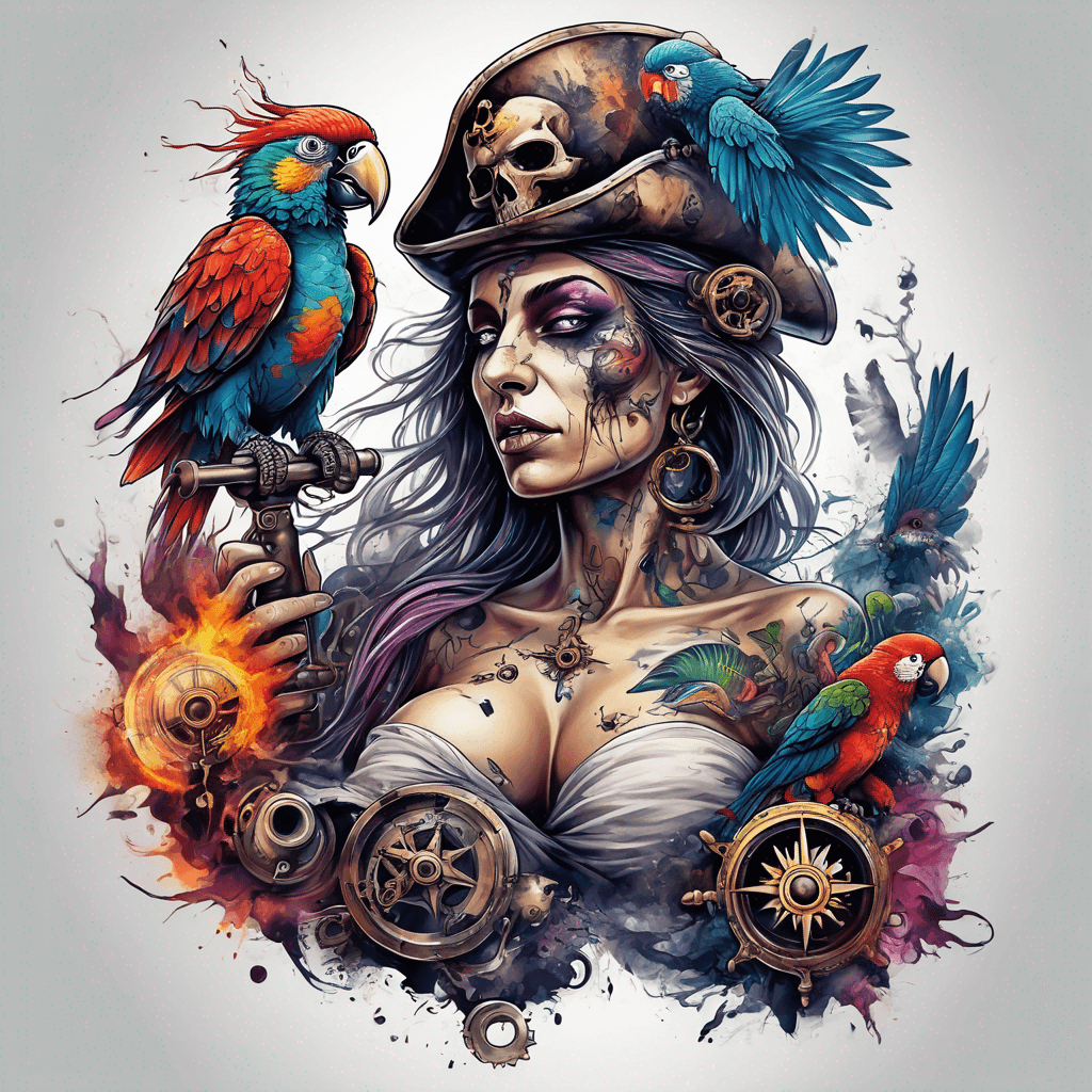 Old pirate with cannon, parrot, compass naked woman