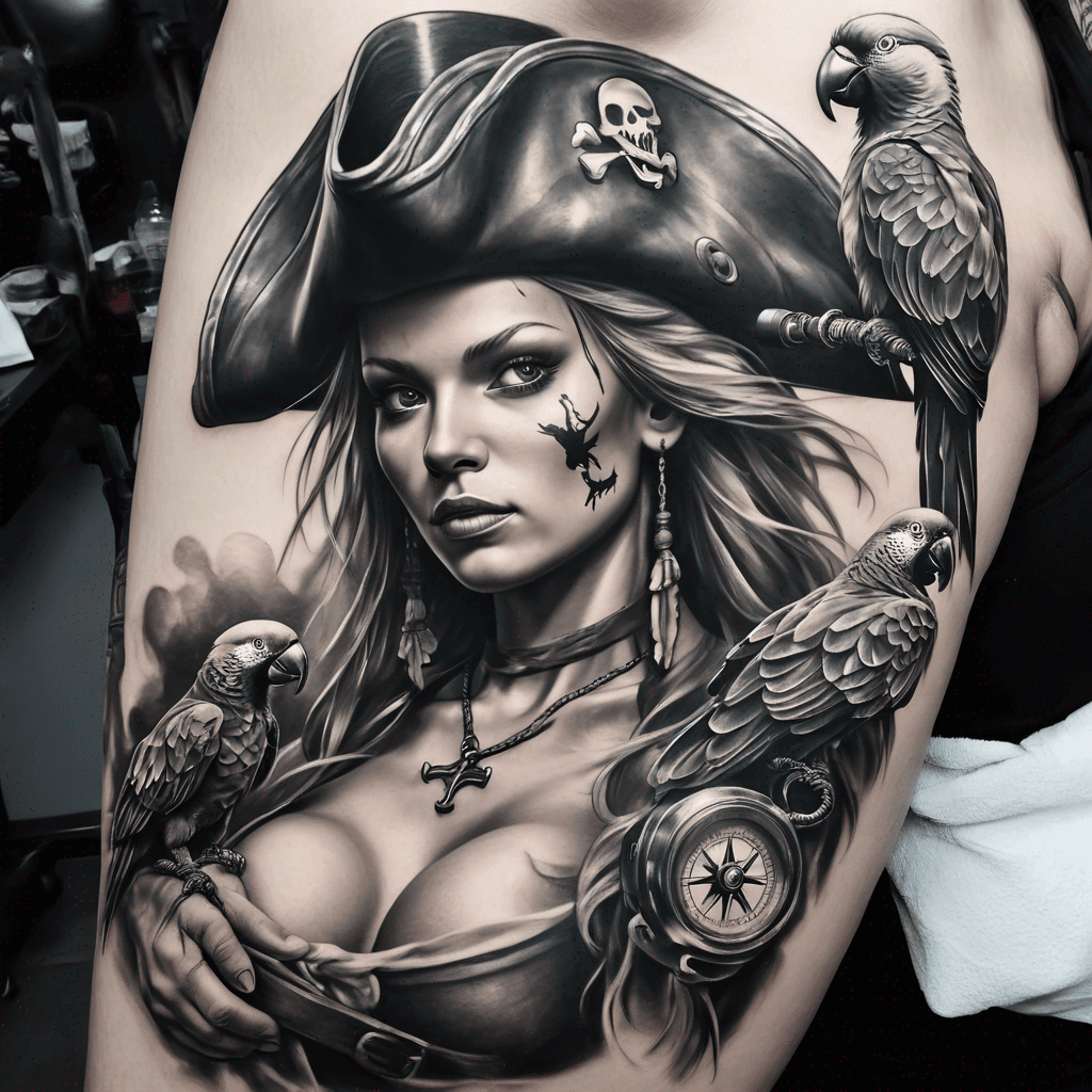 pirate with cannon, parrot, compass woman nipples