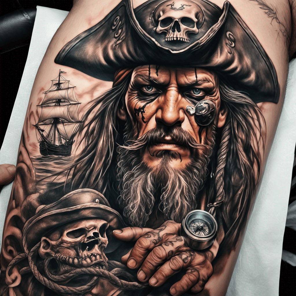 Old pirate with hat and eye patch. Cannon in background with a compass and a kraken in the sea