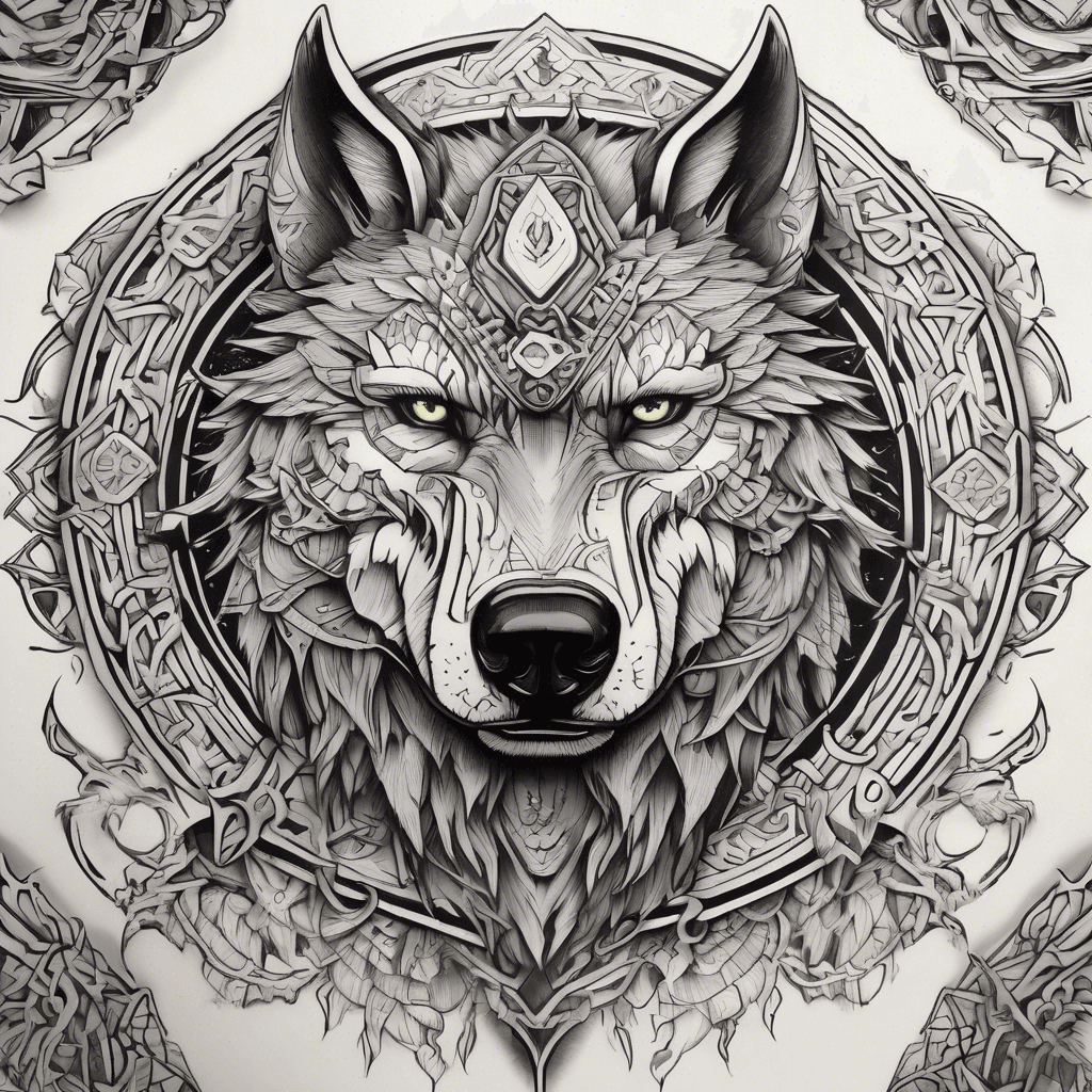 "Intricate Viking wolf in a fierce stance, surrounded by elements of a Grizzly bear; Nordic patterns and symbols incorporated. Bold and powerful."