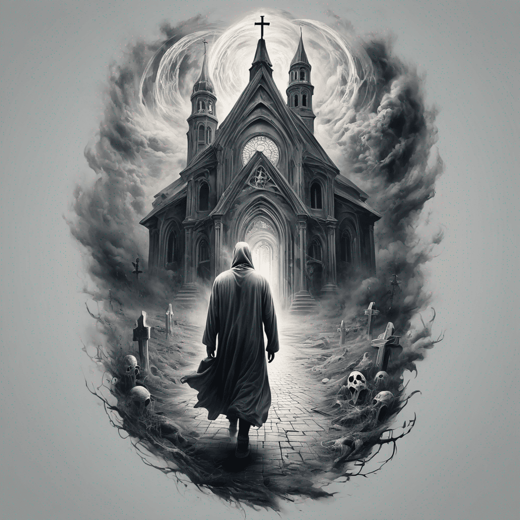 Ghost church man walking towards entrance