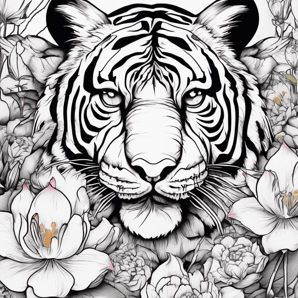 Tiger stealthily prowling amidst delicate lotus and lily flowers, partially concealed, creating an intricate half sleeve design.