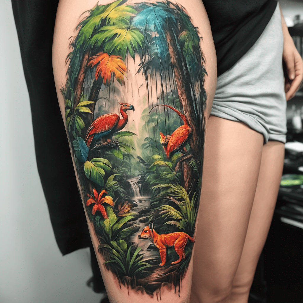 Bright colourful rain forest with animals