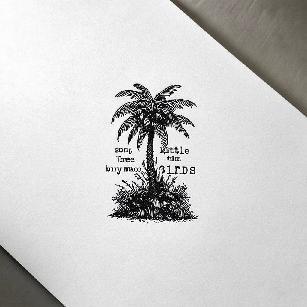 2 Palm trees drawn using words from the song three little birds. Palm tree is made from words.