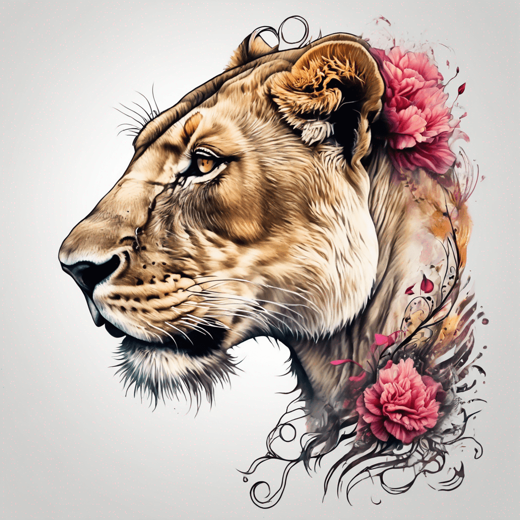 Side view feminine lioness with carnation in mane