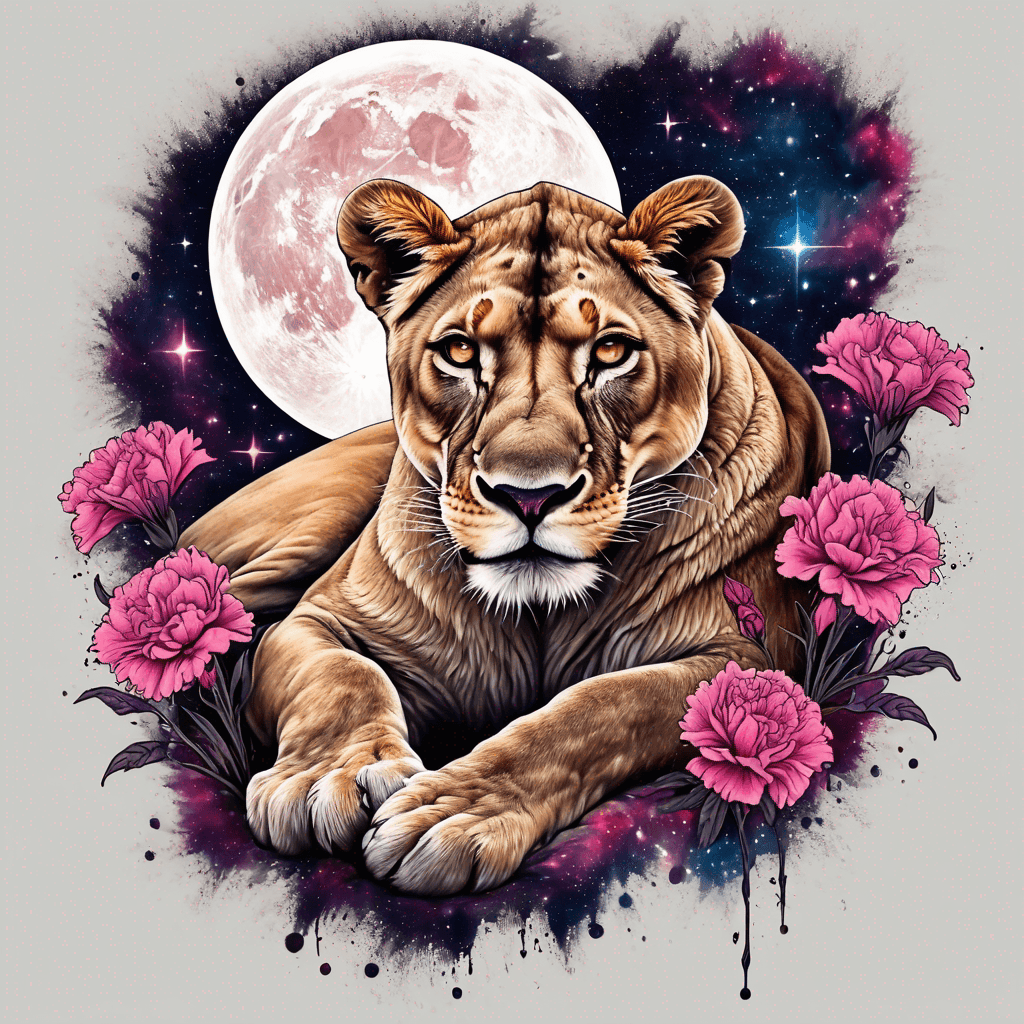 Majestic lioness reclining in a vibrant carnation field, paws crossed, with a stunning galaxy of stars and a moon above.
