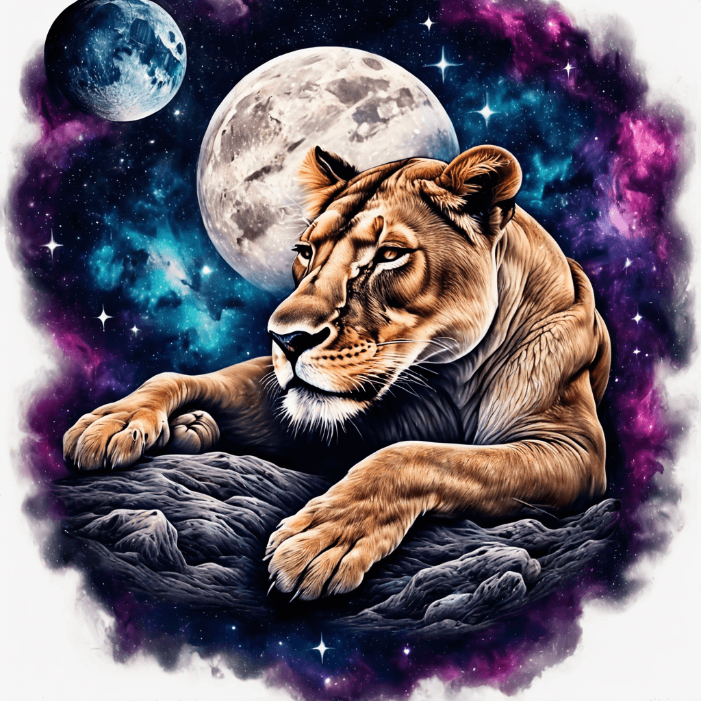 Sleeping lioness under stars galaxy and moon