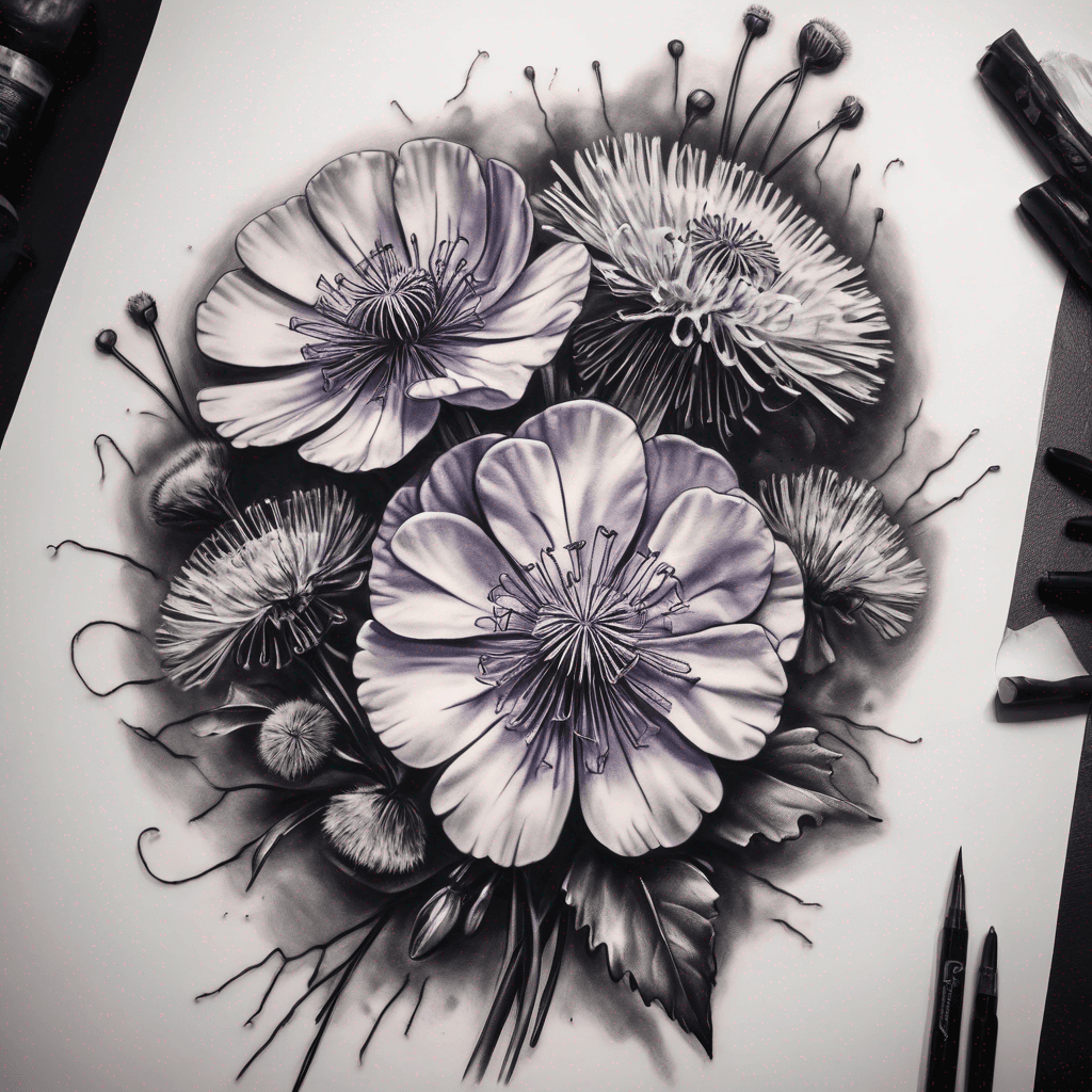 Bouquet of violets and dandelions, equal amount of both flowers