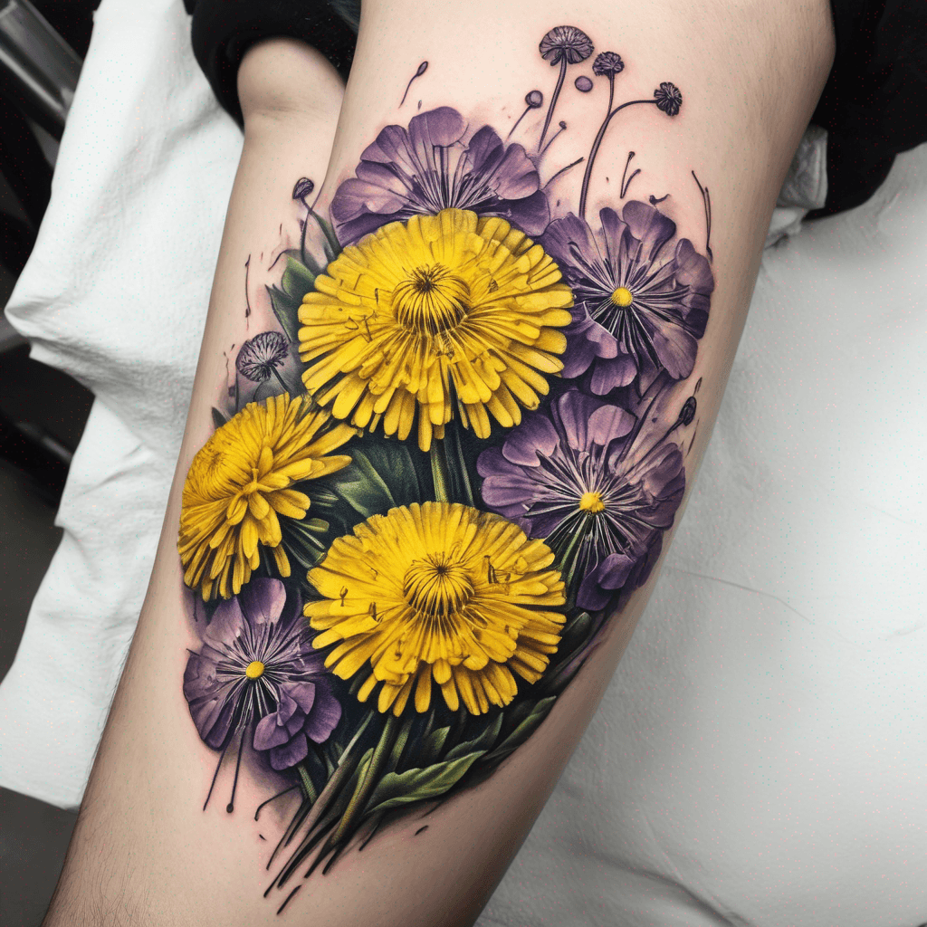 Bunch of yellow dandelions and violets, equal amount of both flowers