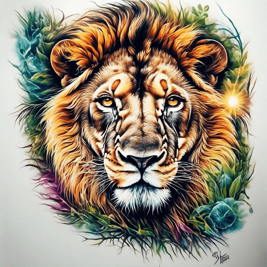 Realistic lion lying down, front paws crossed, serene expression, lush grass background, soft sunlight illuminating its fur.