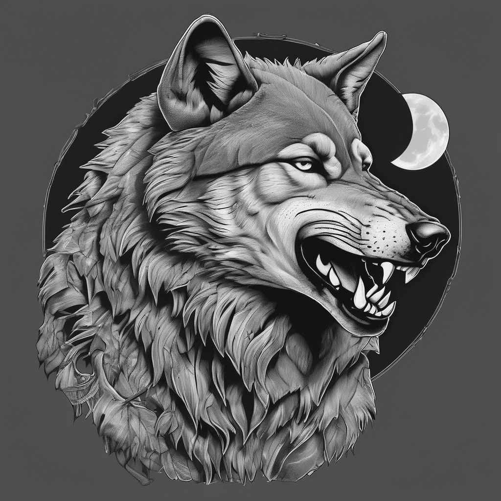 Wolf bares teeth under a full moon blackout