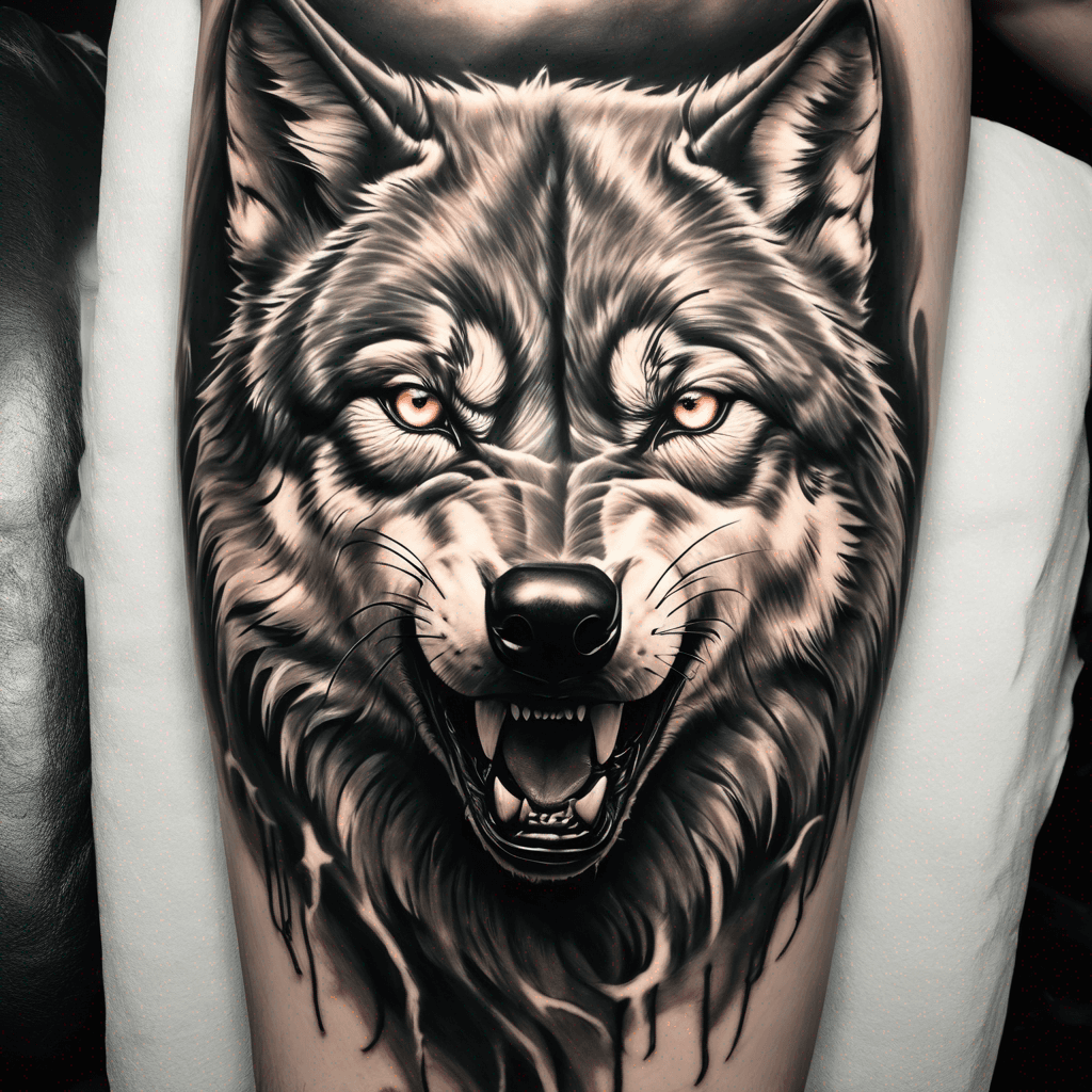 Wolf with glowing eyes bares sharp teeth under a full moon blackout