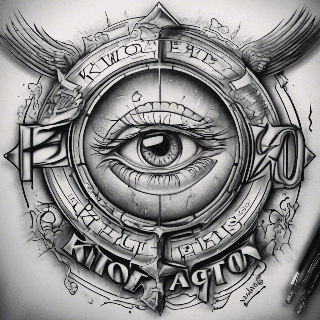 "Create a striking tattoo design featuring the word 'knowledge' in bold script, positioned before an open eye with radiant light beams. Above, include 'Without action is' in sleek sans-serif, and below, depict the word 'worthless' crumbling like aged stone."