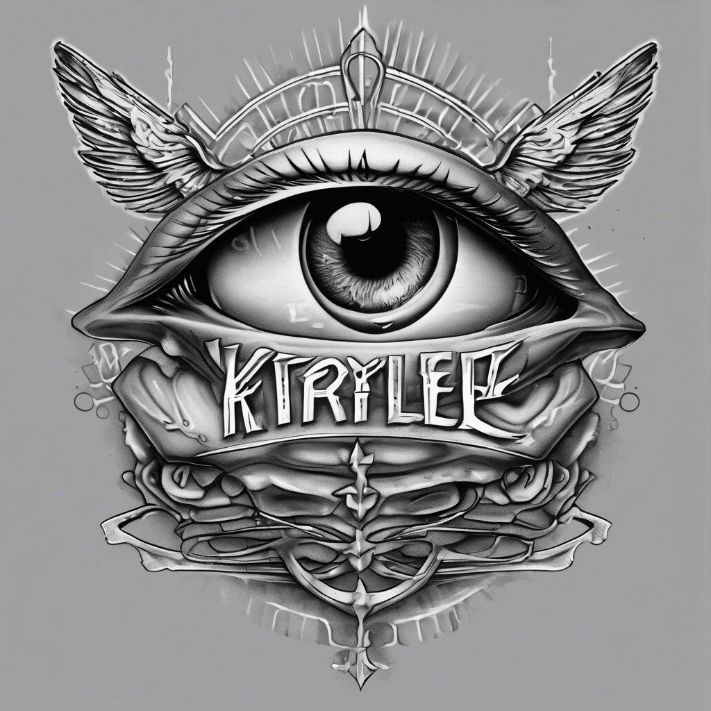 "Create a striking tattoo design featuring the word 'knowledge' in bold script, positioned before an open eye with radiant light beams. Above, include 'Without action is' in sleek sans-serif, and below, depict the word 'worthless' crumbling like aged stone."