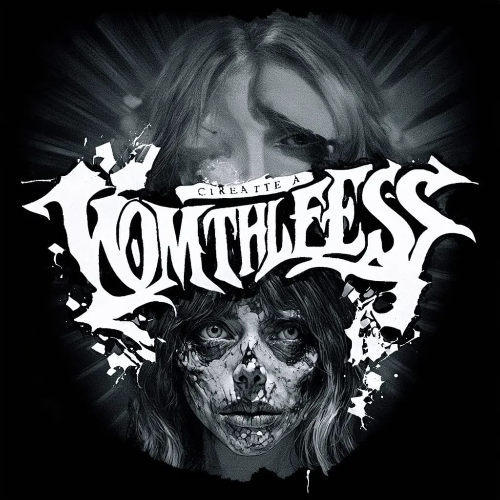 Womans face top half besutiful and bottom part of face is a zombie and decaying"Create a striking tattoo design featuring the word 'knowledge' in bold script, positioned before an open eye with radiant light beams. Above, include 'Without action is' in sleek sans-serif, and below, depict the word 'worthless' crumbling like aged stone."