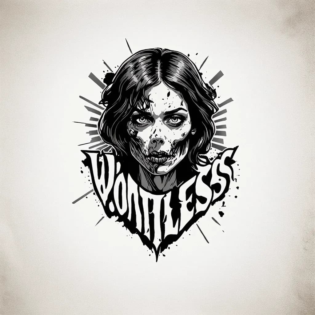 Womans face top half besutiful and bottom part of face is a zombie and decaying"Create a striking tattoo design featuring the word 'knowledge' in bold script, positioned before an open eye with radiant light beams. Above, include 'Without action is' in sleek sans-serif, and below, depict the word 'worthless' crumbling like aged stone."
