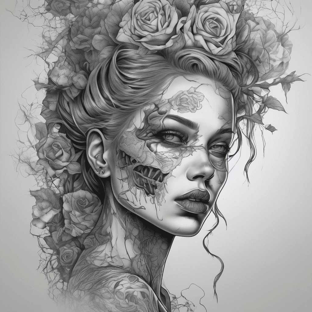 Ethereal woman with captivating beauty, her lower face transforming into intricate zombie decay, blending elegance with haunting allure.