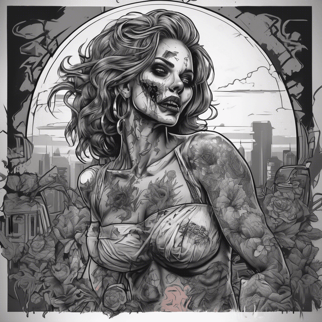Zombie woman with vibrant colors, twerking joyfully, prominent curves, in a post-apocalyptic setting with a sunrise backdrop.