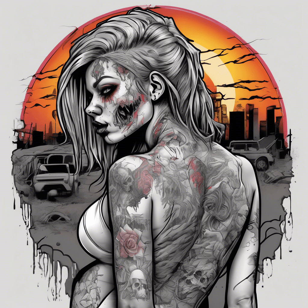 Zombie woman with vibrant colors, behind view , twerking joyfully, prominent curves, in a post-apocalyptic setting with a sunrise backdrop.