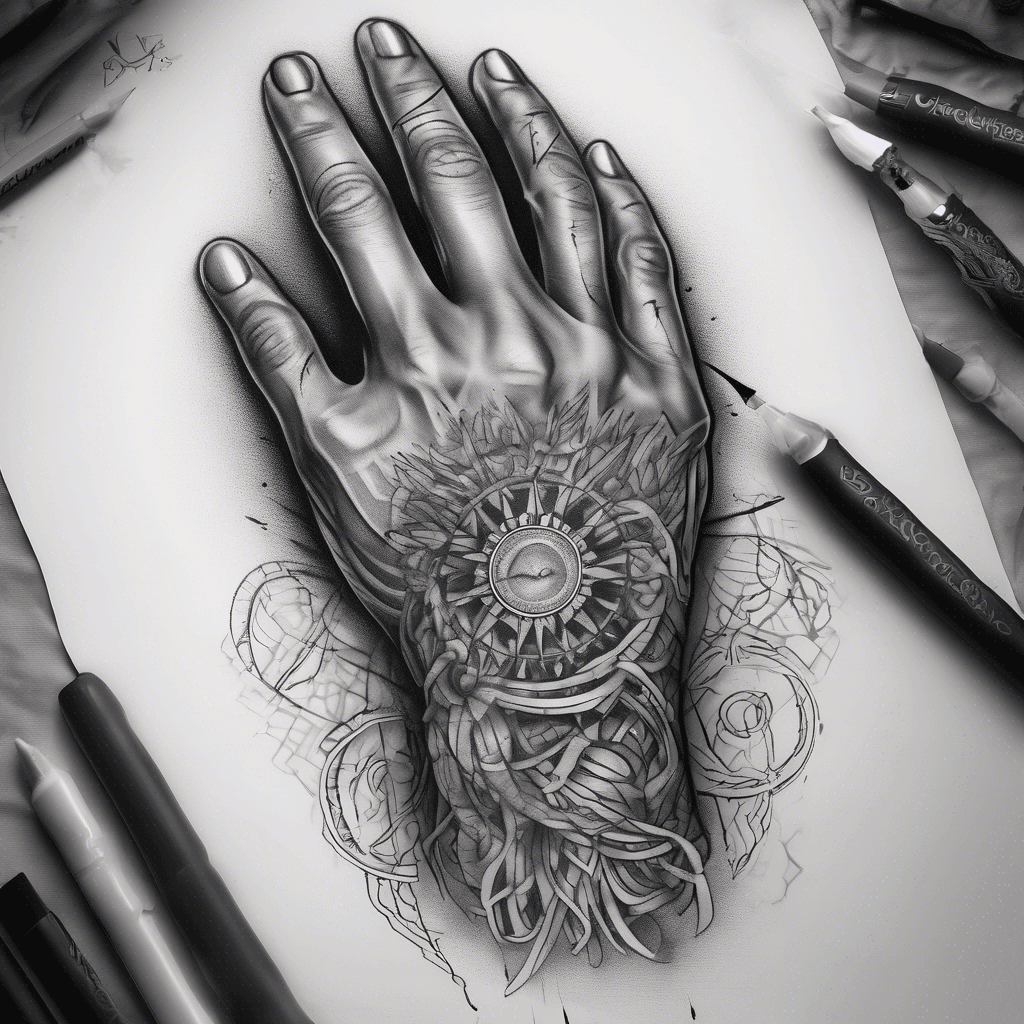 "Design a powerful tattoo symbolizing unity and strength in the march for humanity, featuring diverse hands joined together with a heartbeat line."