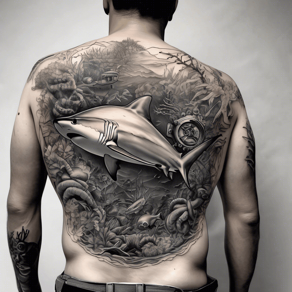 Ocean scene with pam trees, a caribbean reef shark and an octopus wrapping itself around an old school diving helmet