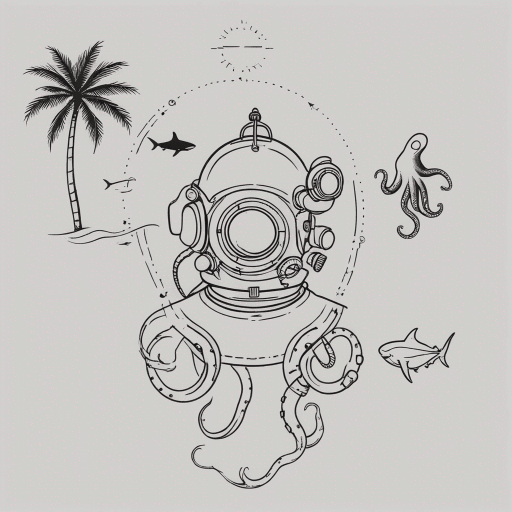 Vibrant ocean scene featuring palm trees, a Caribbean reef shark, and an octopus entwining a vintage diving helmet.