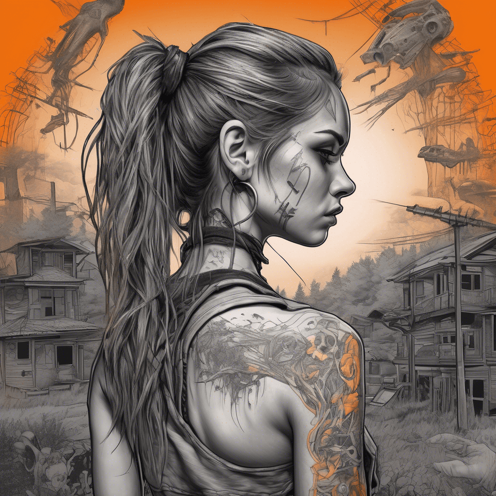 Dawn of the dead girl from behind with an orange vibrant backdrop"Intricate tattoo design depicting a future rustic dystopian world intertwined with music elements, blending nature and technology, in rich detail."