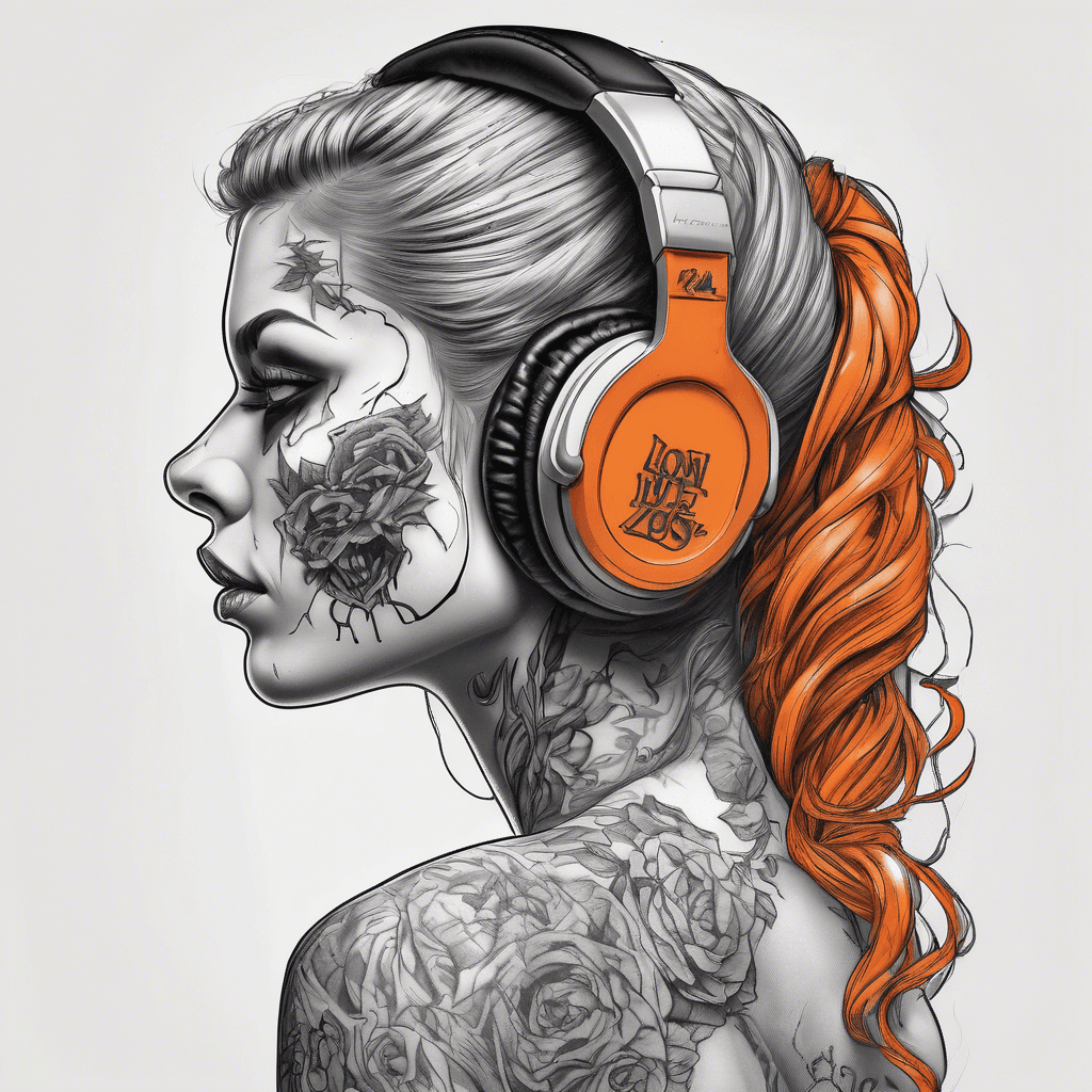 "Create a tattoo of a zombie girl with headphones creating music on a computer, vibrant orange screen glowing. View from behind, capturing her focus and creativity."