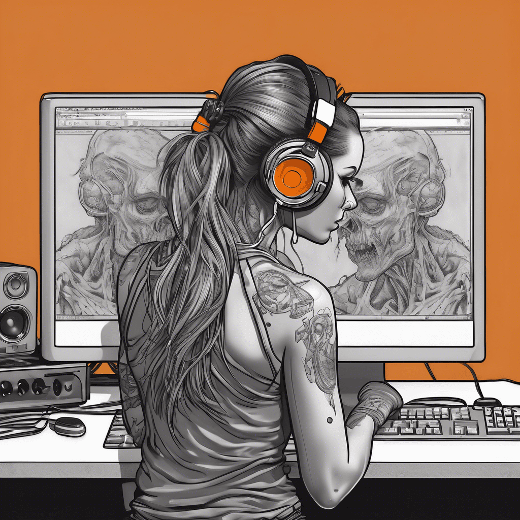 "Create a tattoo of a zombie girl with headphones creating music on a computer, vibrant orange screen glowing. View from behind, capturing her focus and creativity."
